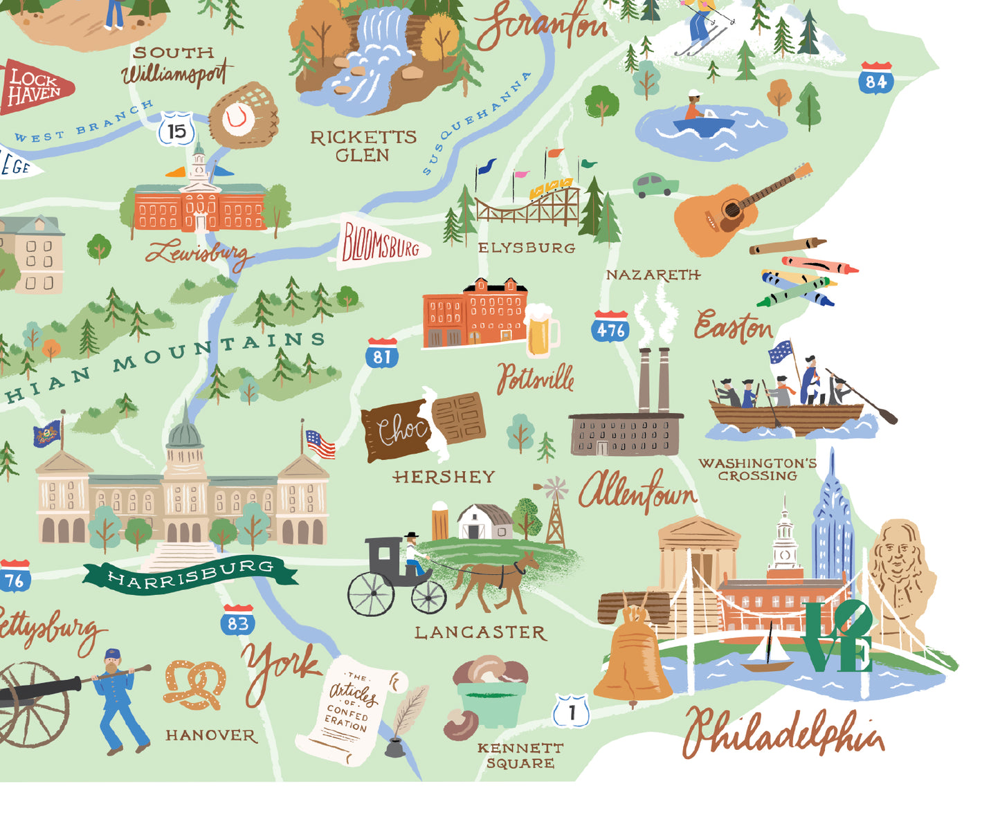 Pennsylvania illustrated map print